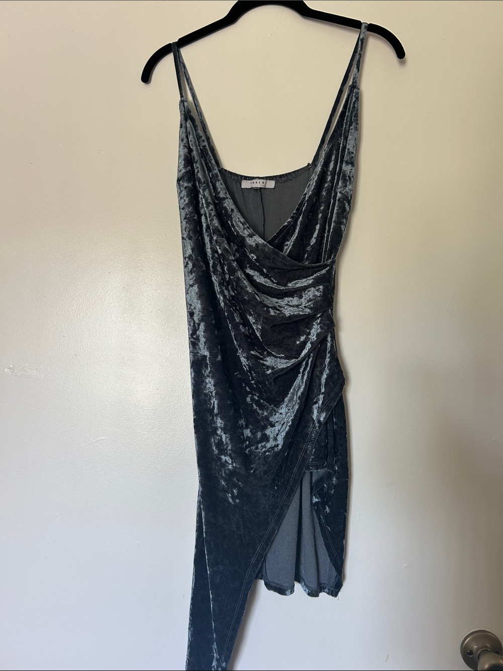 FAVLUX Charcoal Crushed Velvet Asymmetrical Slip Dress